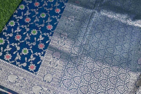 Teal Blue Tassar Silk In Jaal Patern - Image 4
