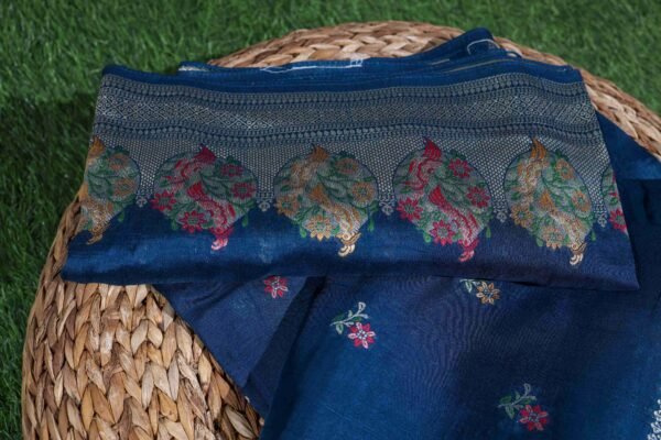 Teal Blue Tassar Silk In Jaal Patern - Image 3